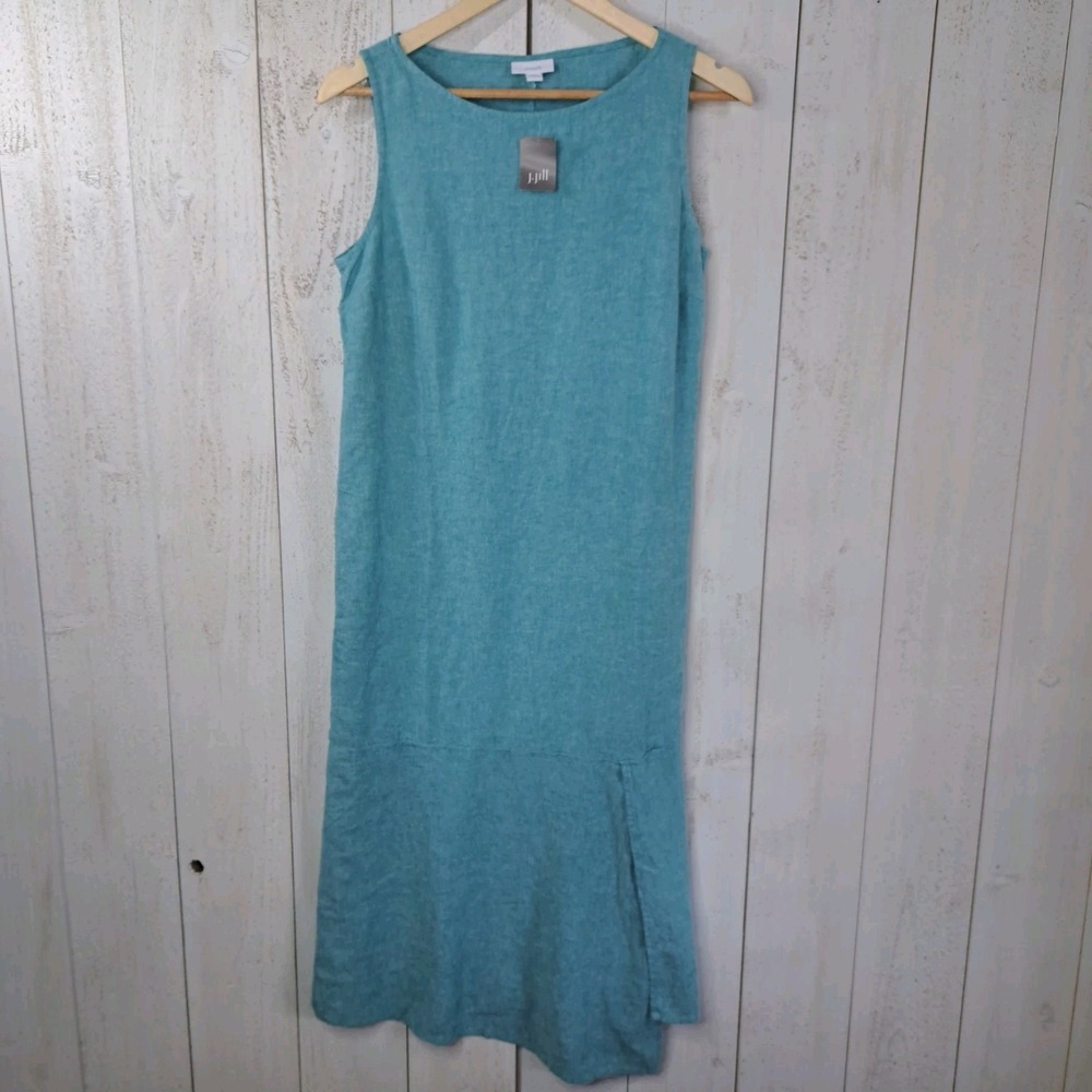 Coastal Grandmother Ocean Core Linen Textural Teal J Jill Aegean Dress NWT Small